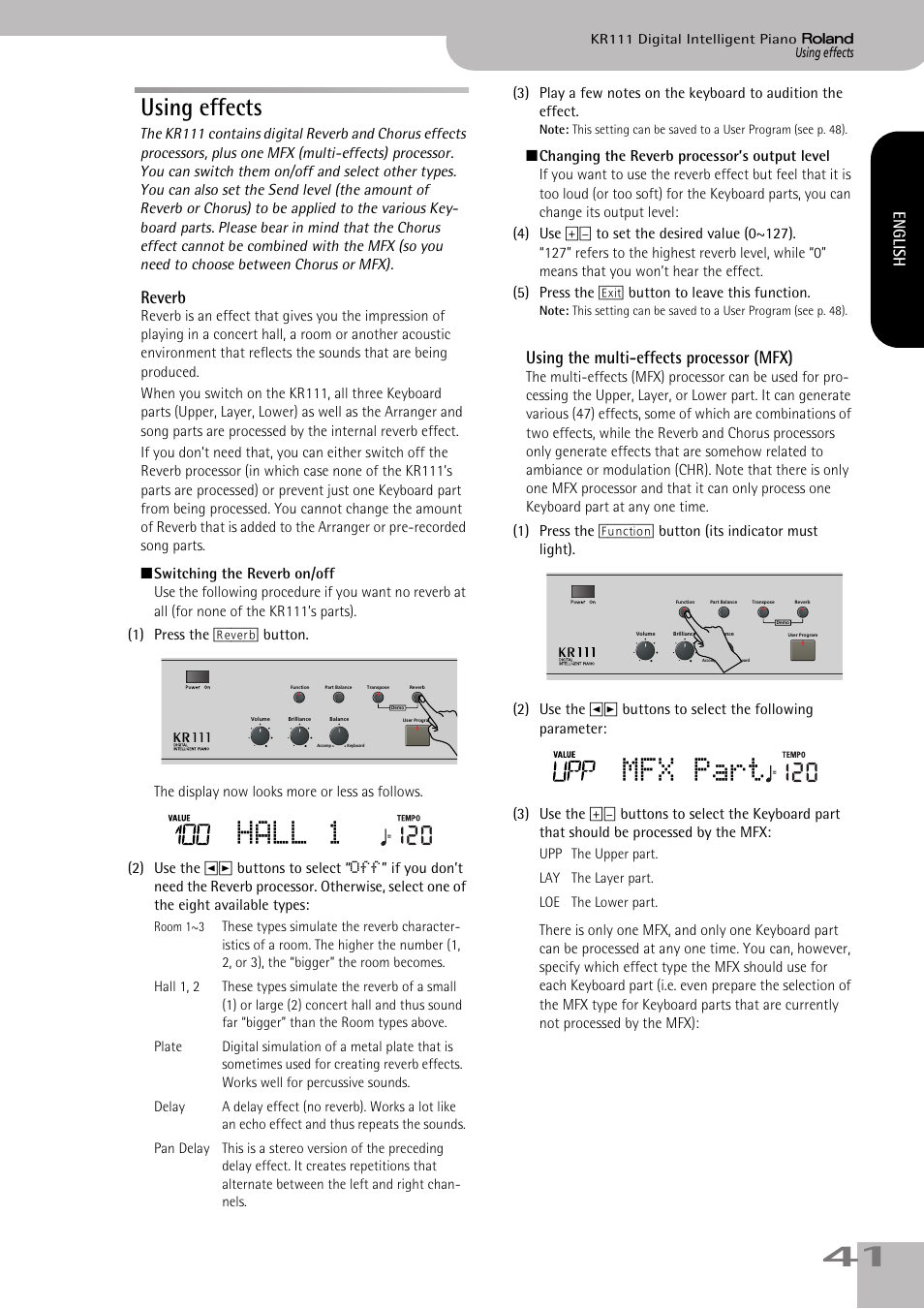 Hall 1, Mfx part, Using effects | Reverb, Using the multi-effects processor (mfx), English | Roland KR111 User Manual | Page 43 / 186