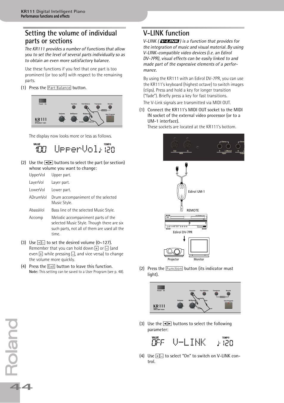 Uppervol, V-link, V-link function | Roland KR111 User Manual | Page 46 / 186