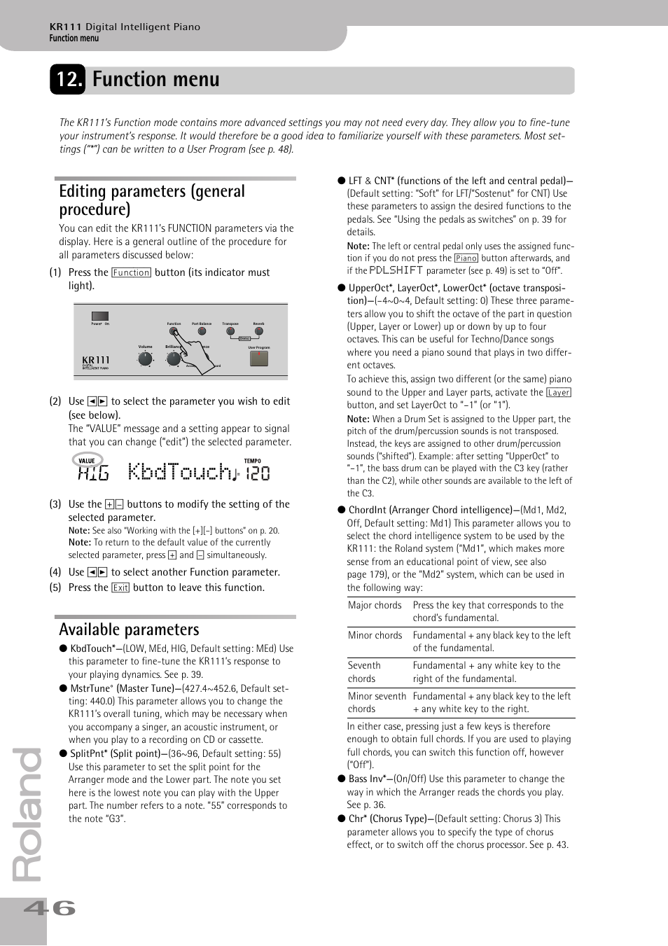 Function menu, Kbdtouch, Editing parameters (general procedure) | Available parameters | Roland KR111 User Manual | Page 48 / 186