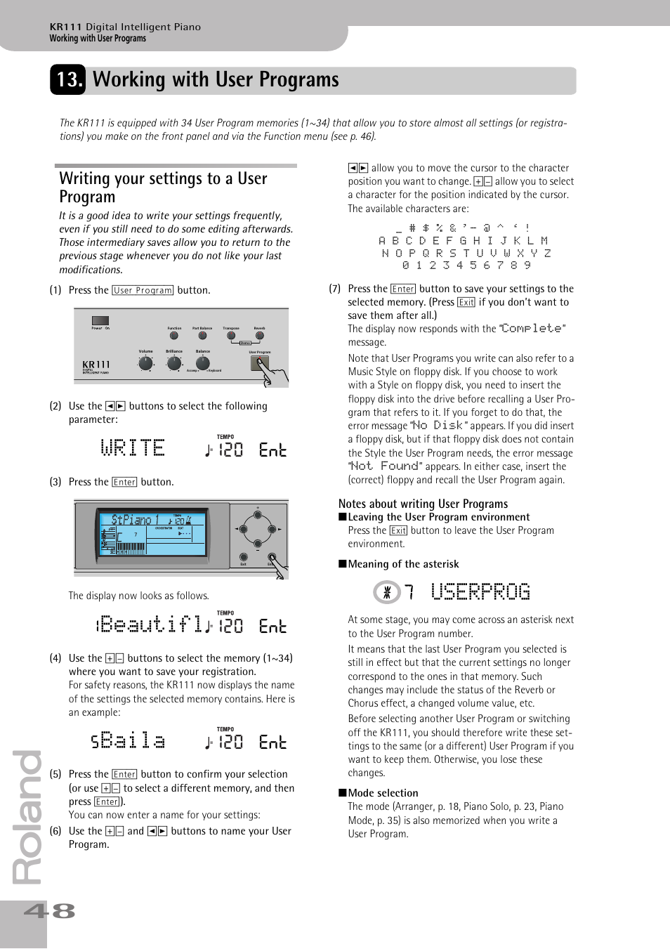 Working with user programs, Write, Beautifl | Baila, Userprog, Writing your settings to a user program, 120 ent | Roland KR111 User Manual | Page 50 / 186