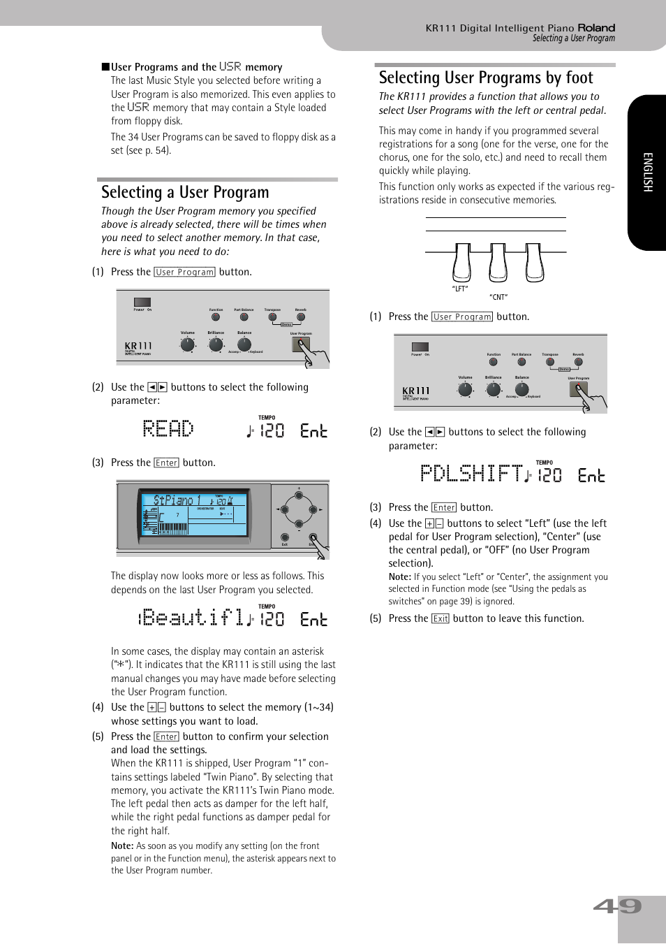 Read, Beautifl, Pdlshift | Selecting a user program, Selecting user programs by foot, 120 ent, English | Roland KR111 User Manual | Page 51 / 186