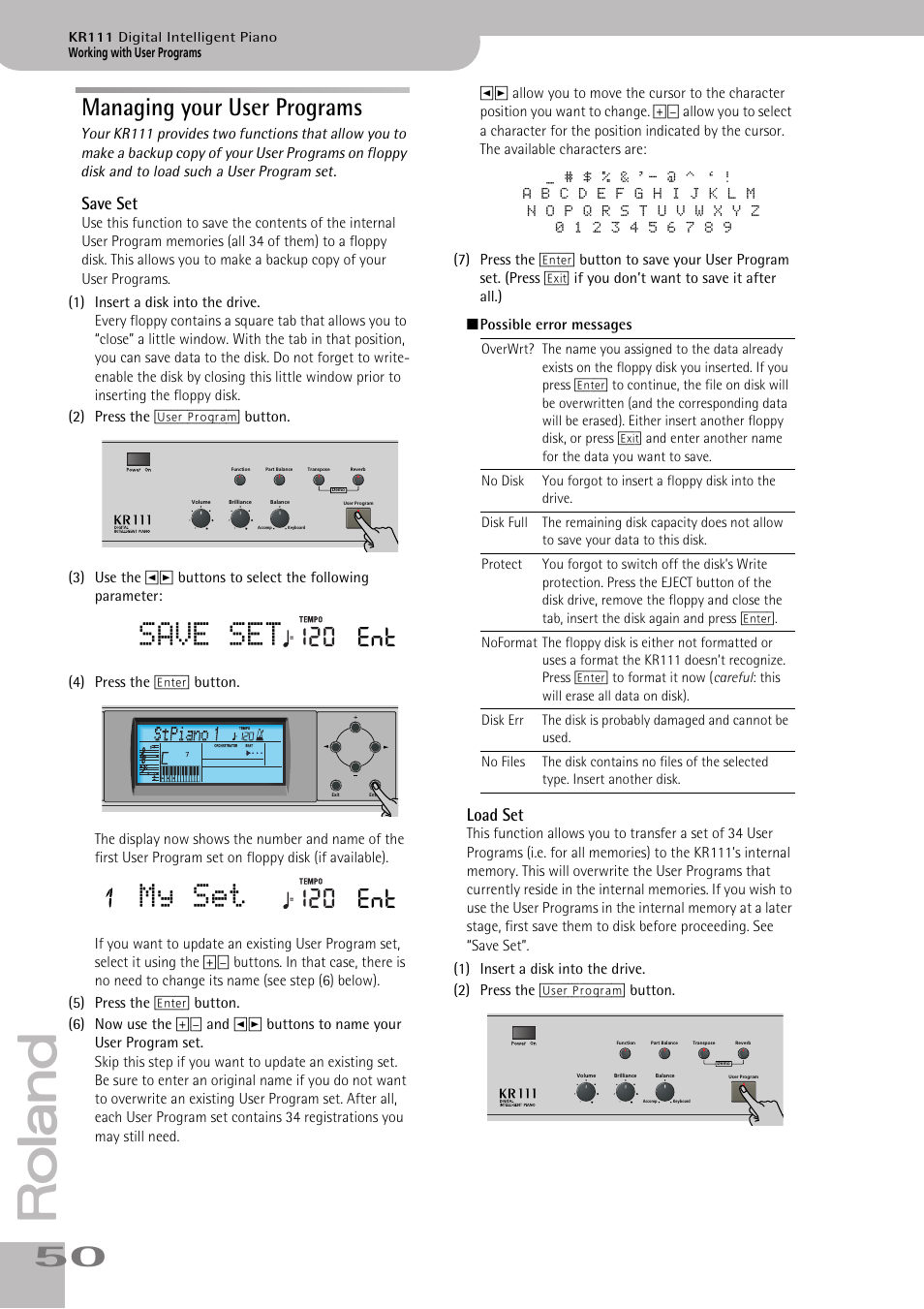 My set, Managing your user programs, 120 ent | Save set, Load set | Roland KR111 User Manual | Page 52 / 186