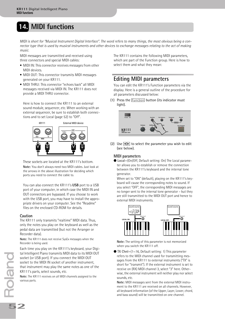 Midi functions, Editing midi parameters, Caution | Midi parameters | Roland KR111 User Manual | Page 54 / 186