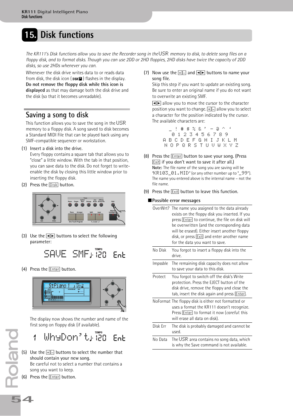 Disk functions, Save smf, Whydon't | Saving a song to disk, 120 ent | Roland KR111 User Manual | Page 56 / 186