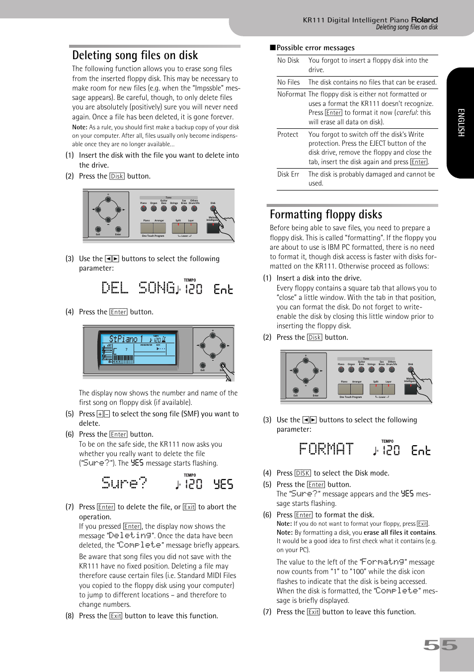 Del song, Sure, Format | Deleting song files on disk, Formatting floppy disks, 120 ent, 120 yes, English | Roland KR111 User Manual | Page 57 / 186