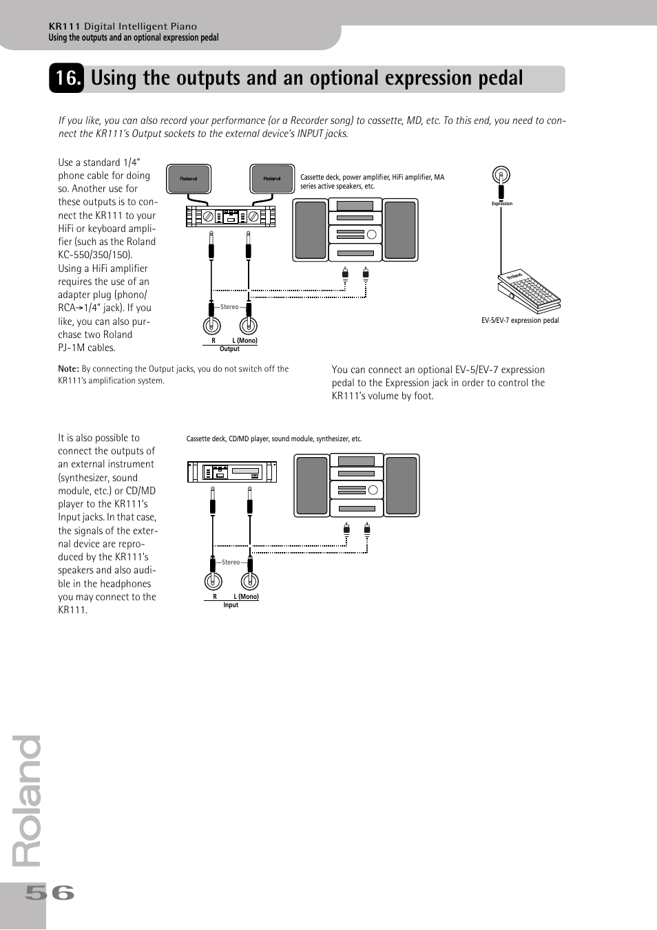 Using the outputs and an optional expression pedal | Roland KR111 User Manual | Page 58 / 186