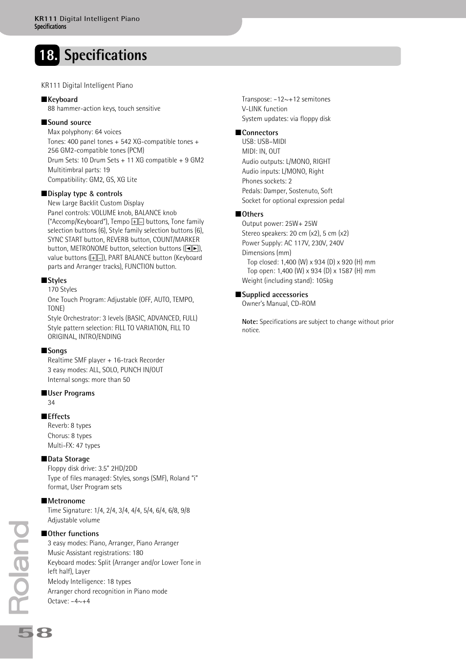 Specifications | Roland KR111 User Manual | Page 60 / 186