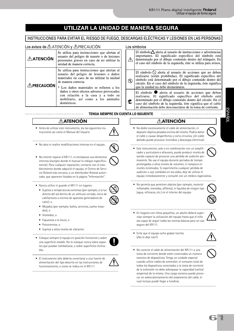 Español, Atención | Roland KR111 User Manual | Page 63 / 186