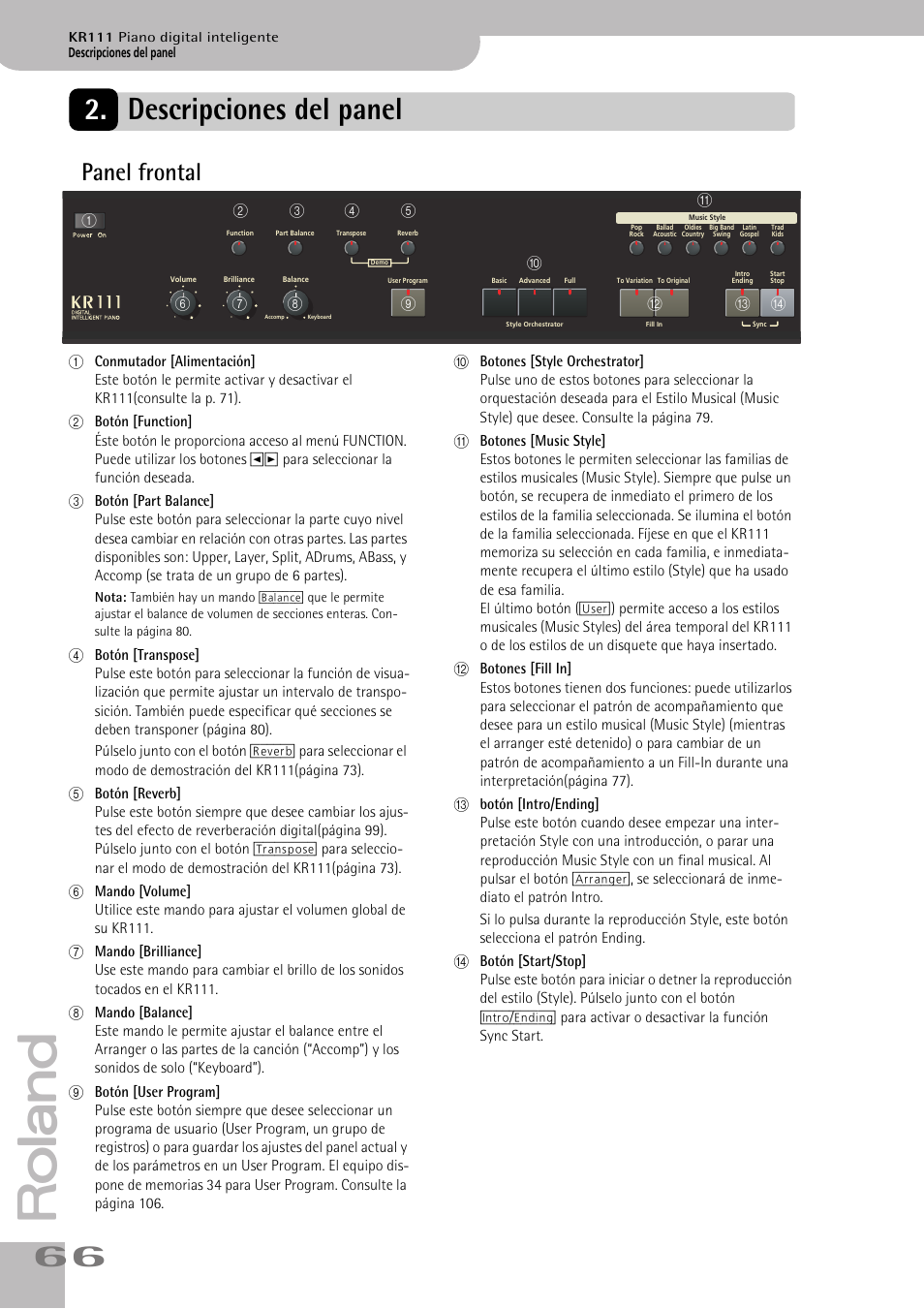 Descripciones del panel, Panel frontal | Roland KR111 User Manual | Page 68 / 186