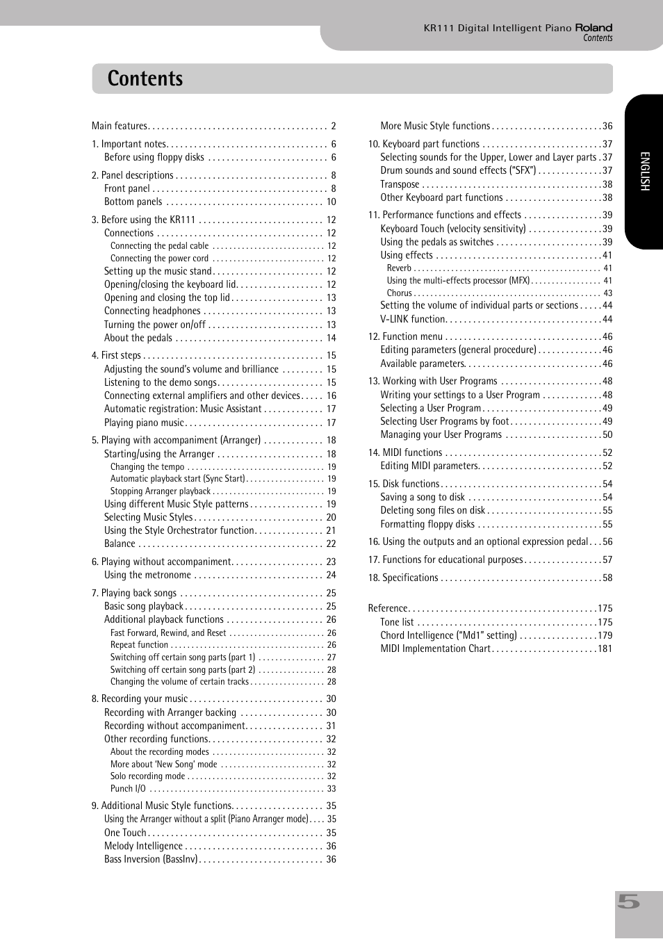 Roland KR111 User Manual | Page 7 / 186