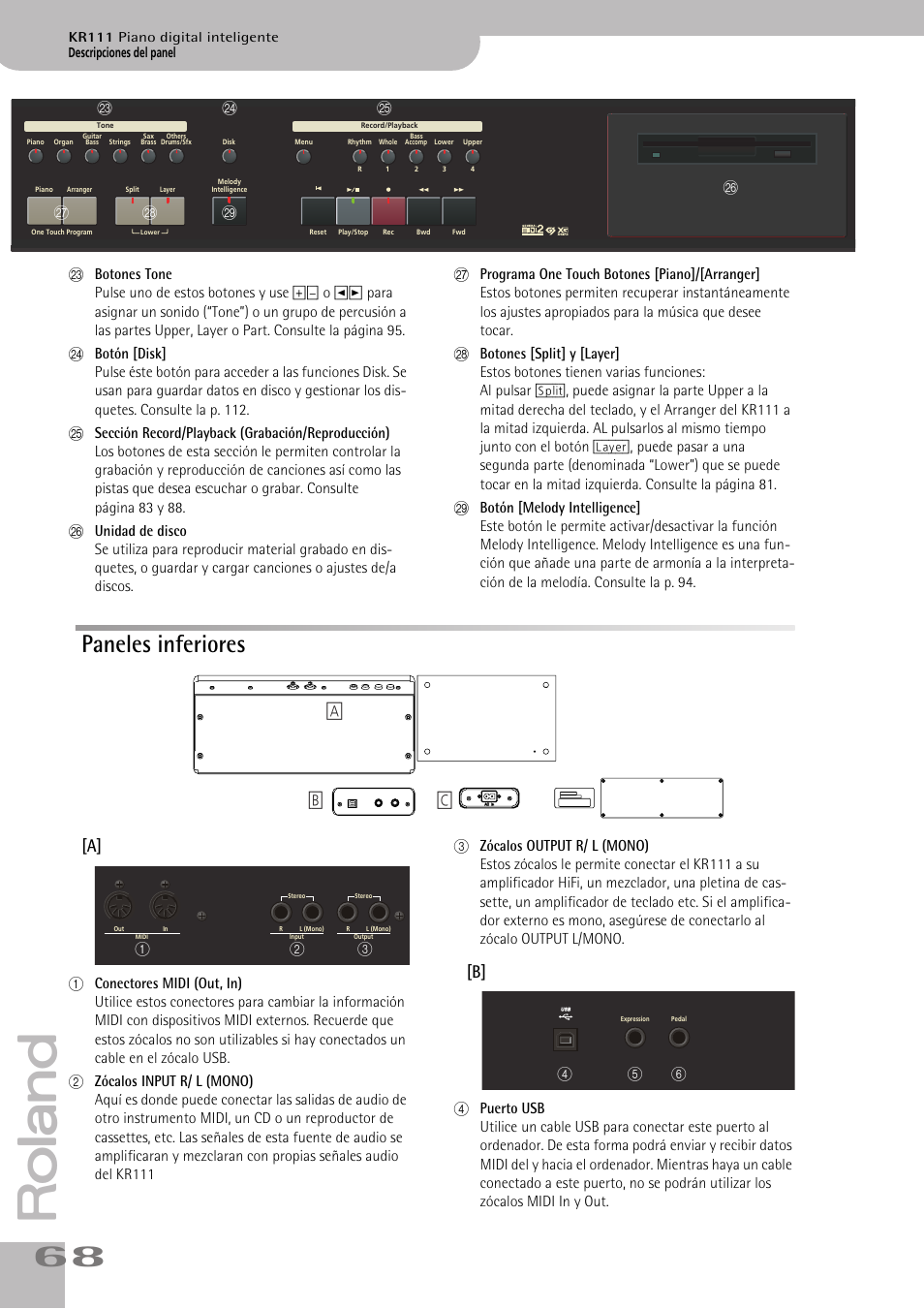 Paneles inferiores, A] [b] [c, Ab c | De f | Roland KR111 User Manual | Page 70 / 186