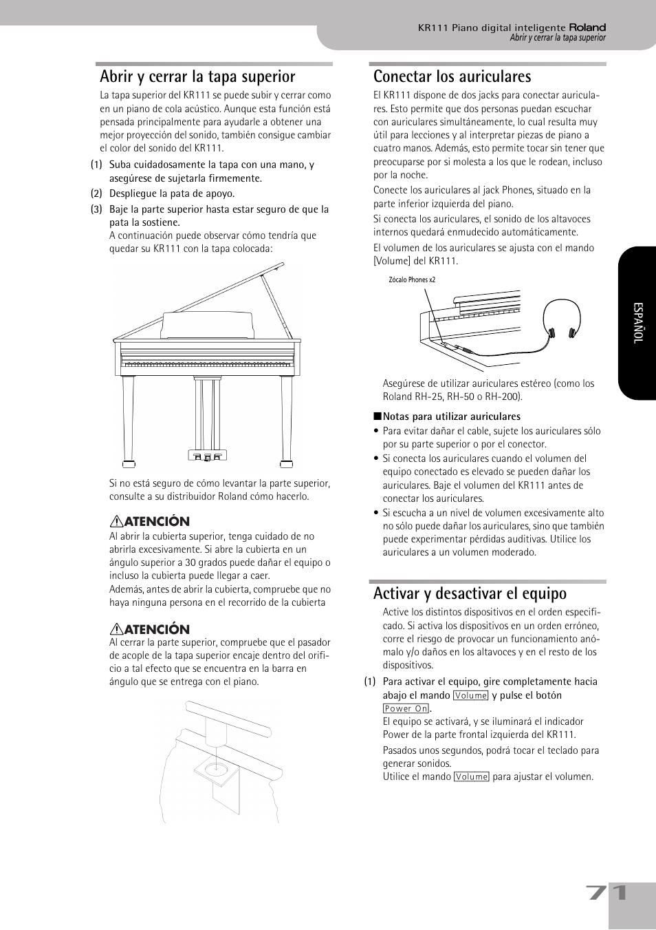 Abrir y cerrar la tapa superior, Conectar los auriculares, Activar y desactivar el equipo | Roland KR111 User Manual | Page 73 / 186