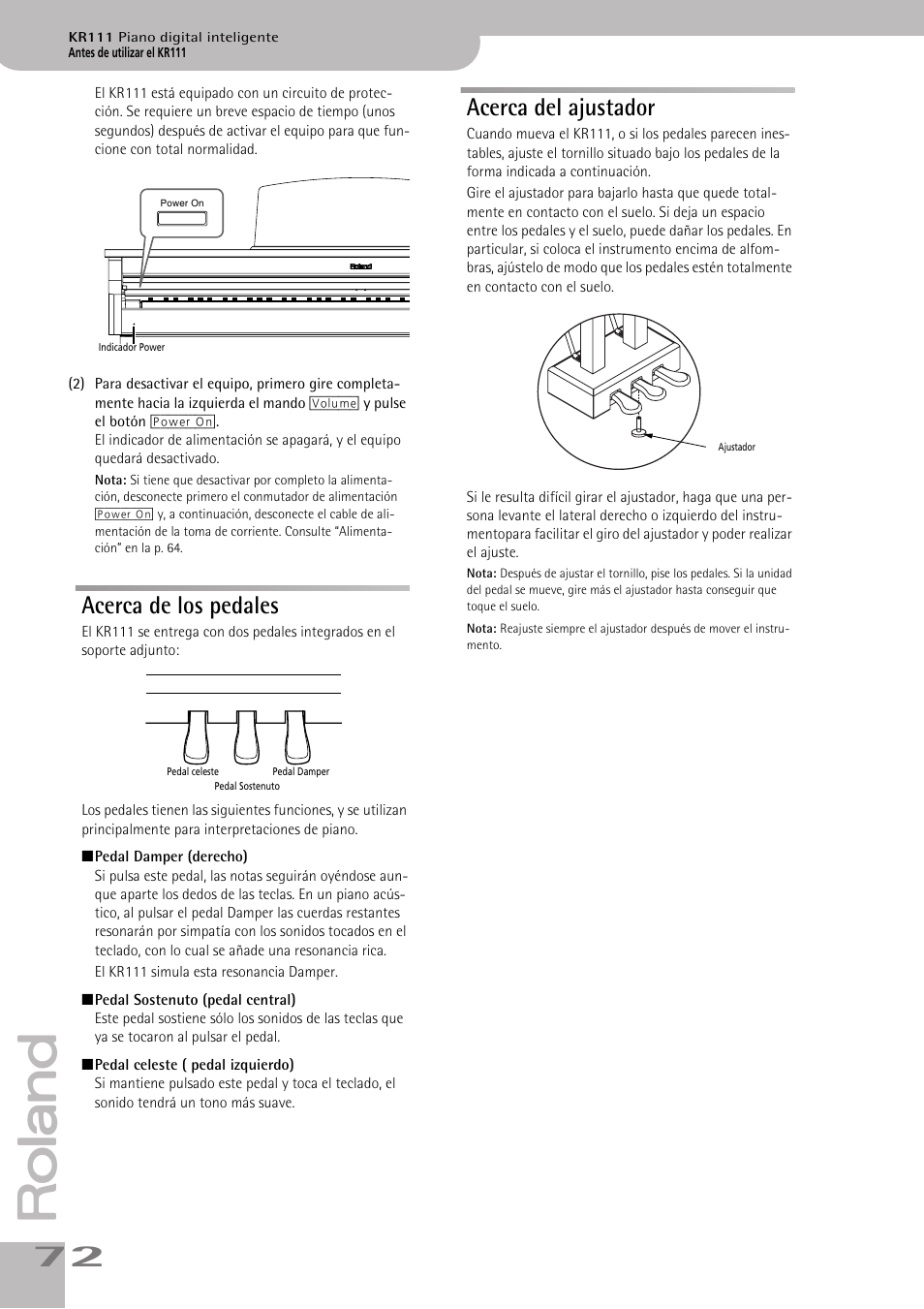 Acerca de los pedales, Acerca del ajustador | Roland KR111 User Manual | Page 74 / 186