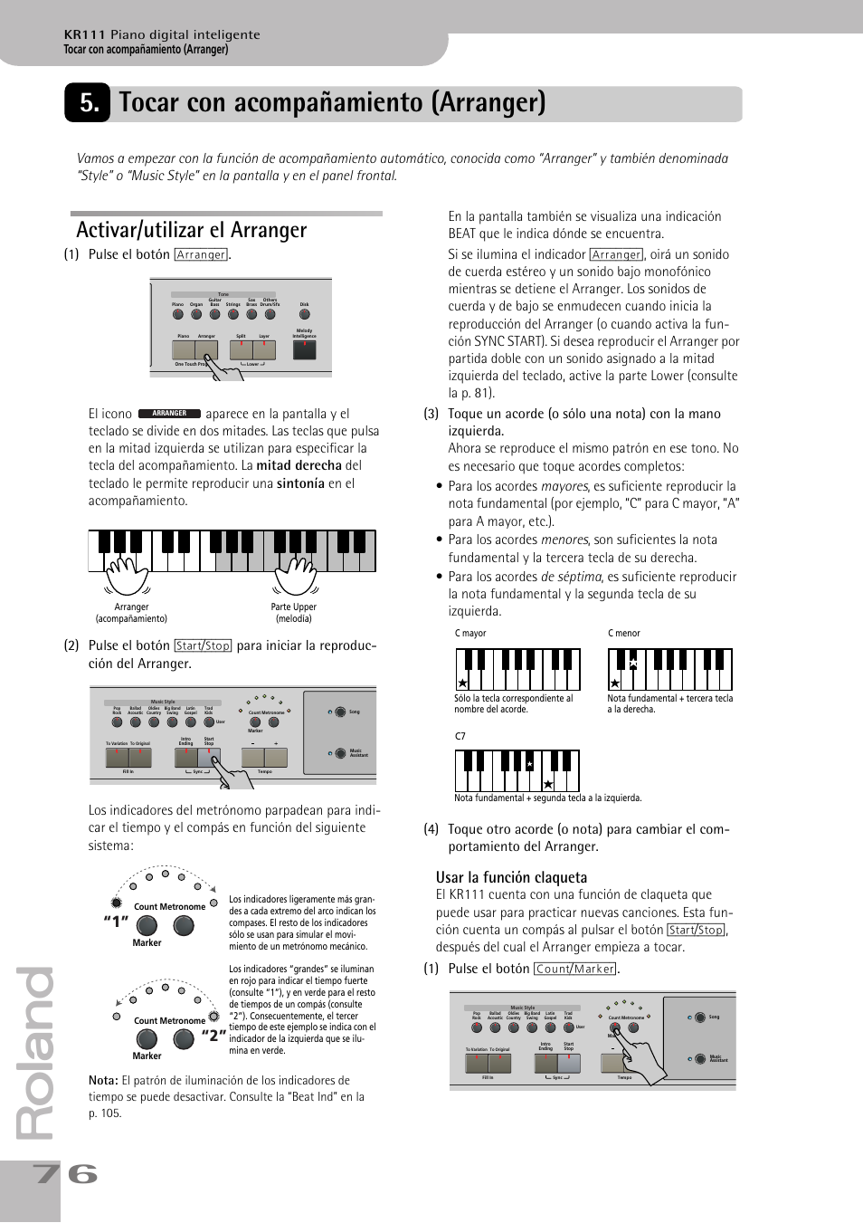 Activar/utilizar el arranger, Usar la función claqueta, Tocar con acompañamiento (arranger) | Kr111 piano digital inteligente | Roland KR111 User Manual | Page 78 / 186