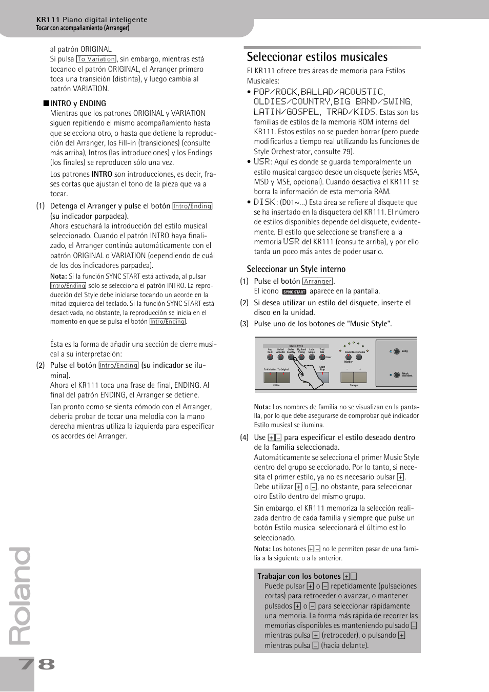 Seleccionar estilos musicales, Seleccionar un style interno | Roland KR111 User Manual | Page 80 / 186