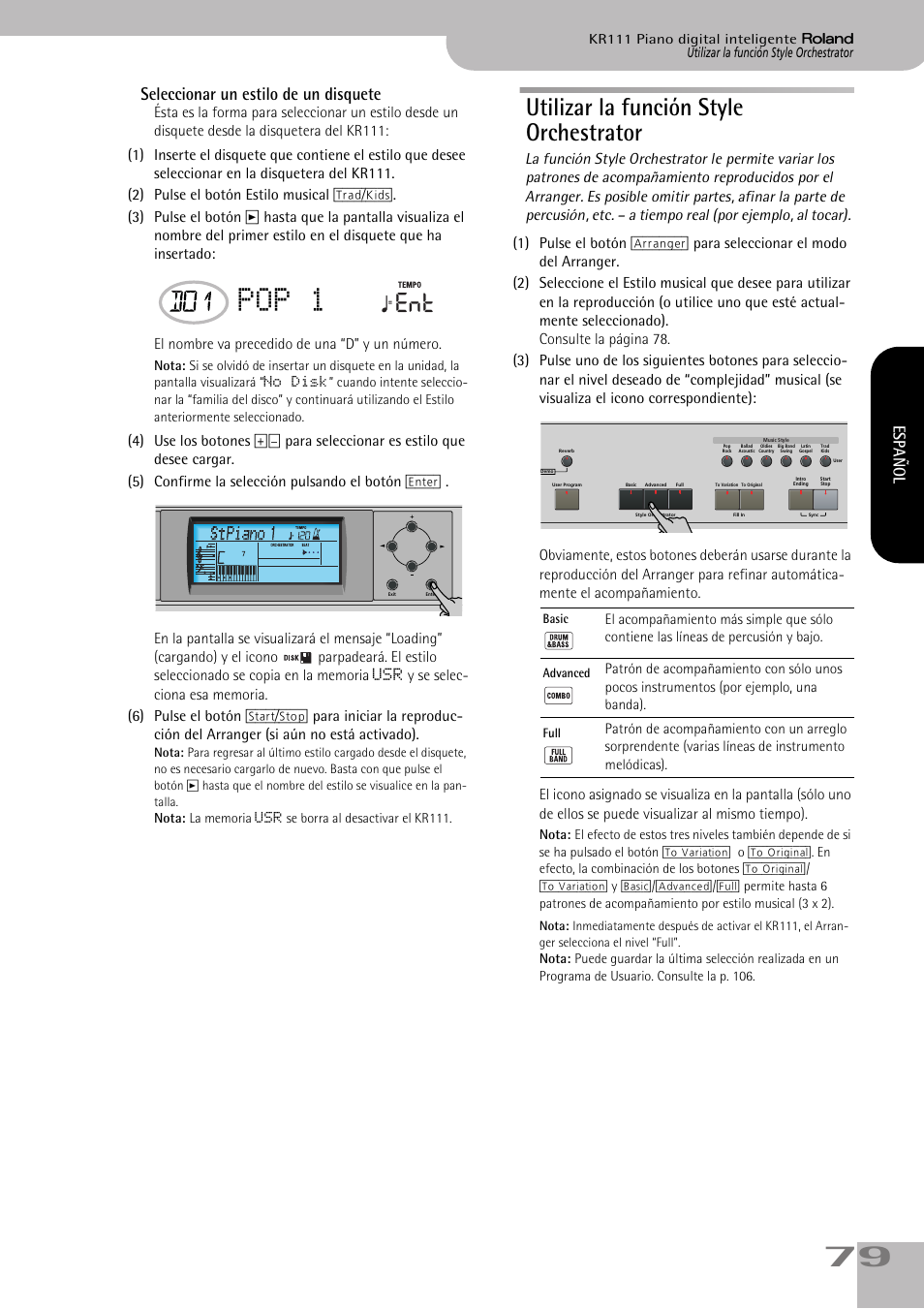Pop 1, Utilizar la función style orchestrator, Seleccionar un estilo de un disquete | Español | Roland KR111 User Manual | Page 81 / 186