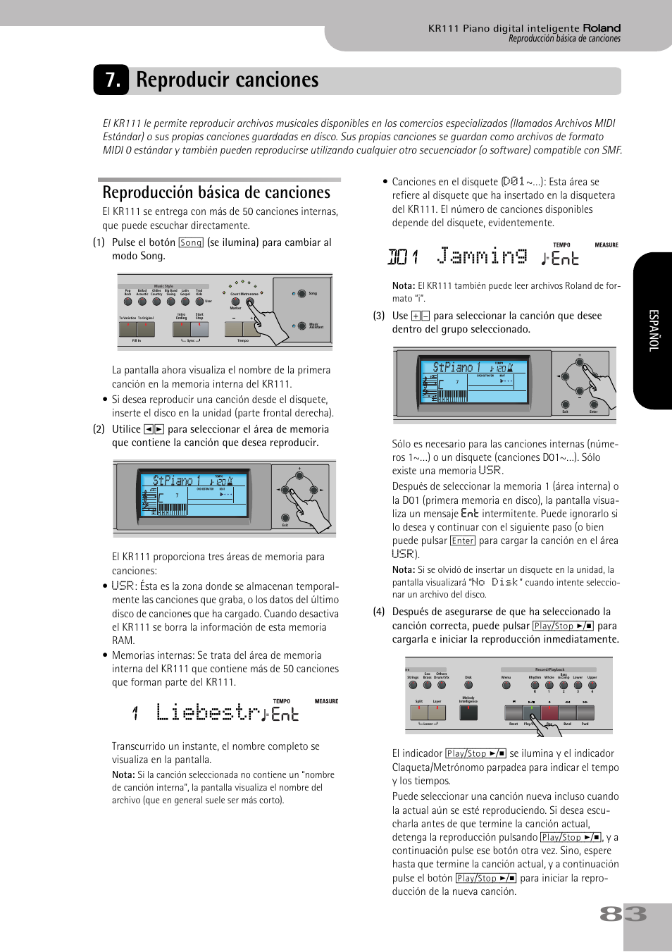 Reproducir canciones, Liebestr, Jamming | Reproducción básica de canciones, Español | Roland KR111 User Manual | Page 85 / 186