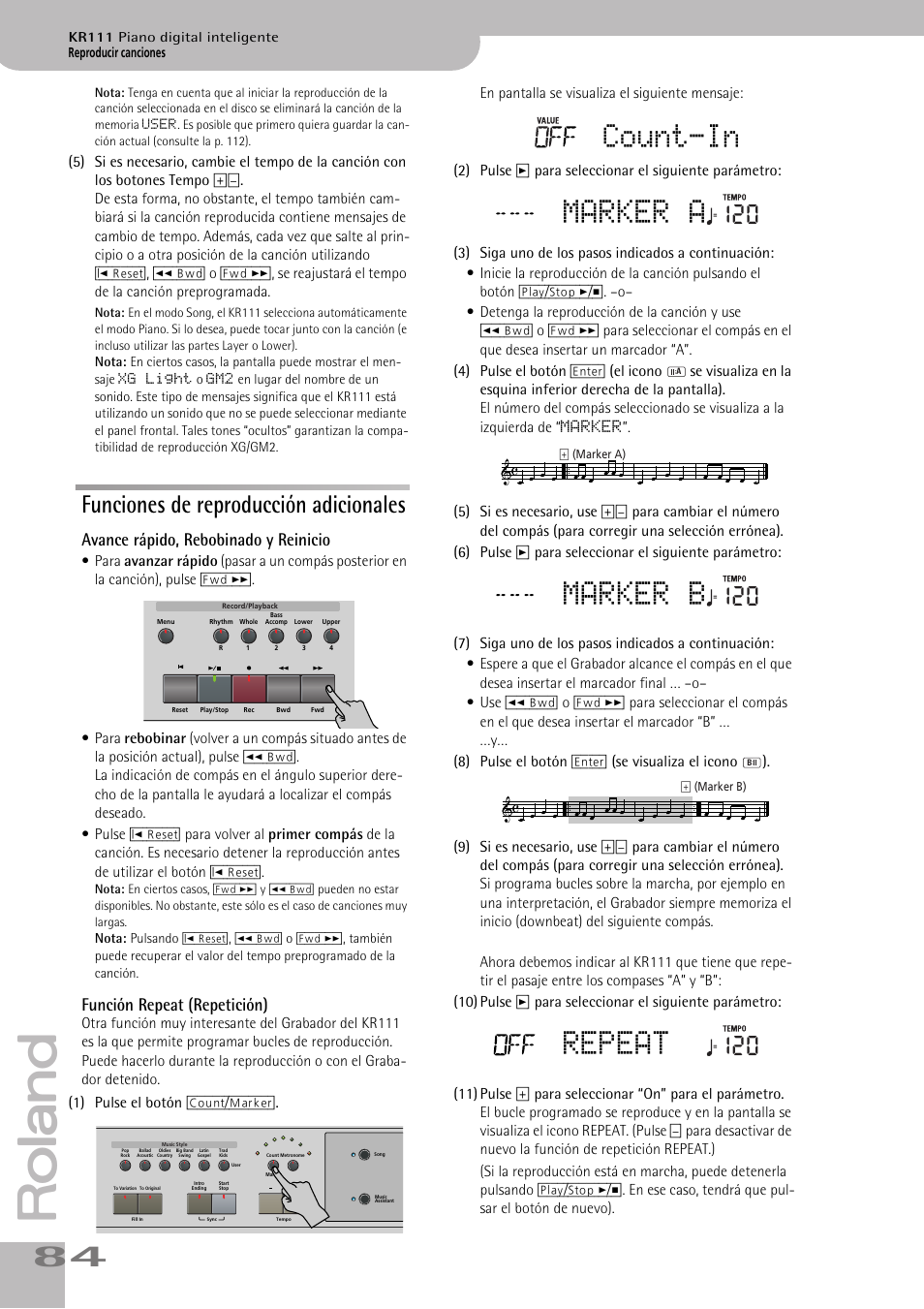 Count-in, Marker a, Marker b | Repeat, Funciones de reproducción adicionales, Avance rápido, rebobinado y reinicio, Función repeat (repetición) | Roland KR111 User Manual | Page 86 / 186