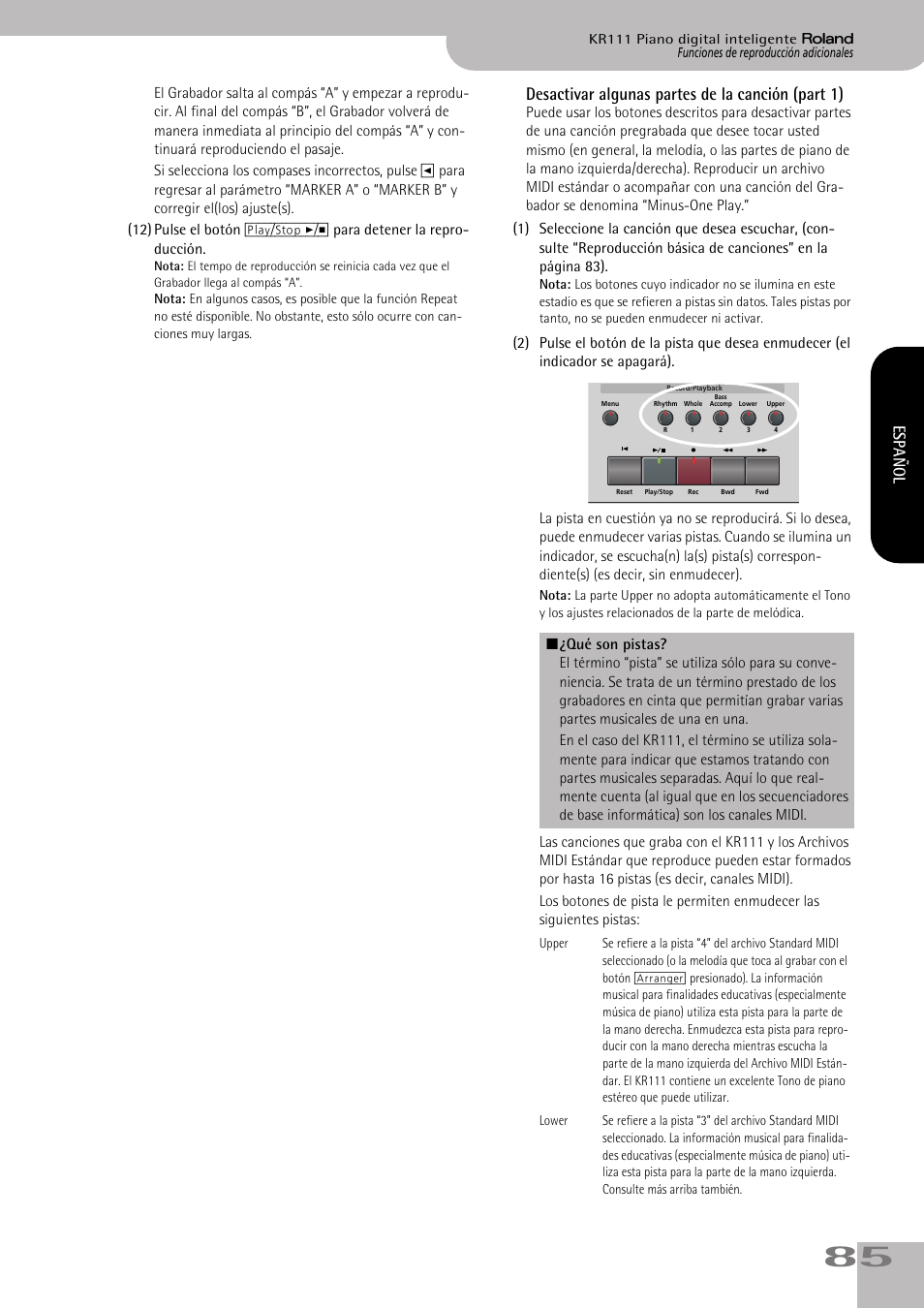 Desactivar algunas partes de la canción (part 1), Español | Roland KR111 User Manual | Page 87 / 186