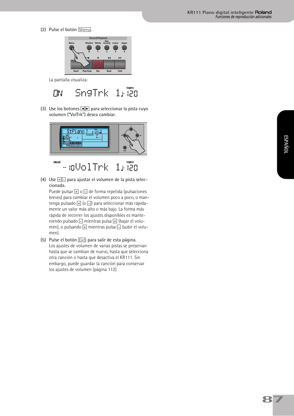 Sngtrk 1, Voltrk 1, Español | Roland KR111 User Manual | Page 89 / 186