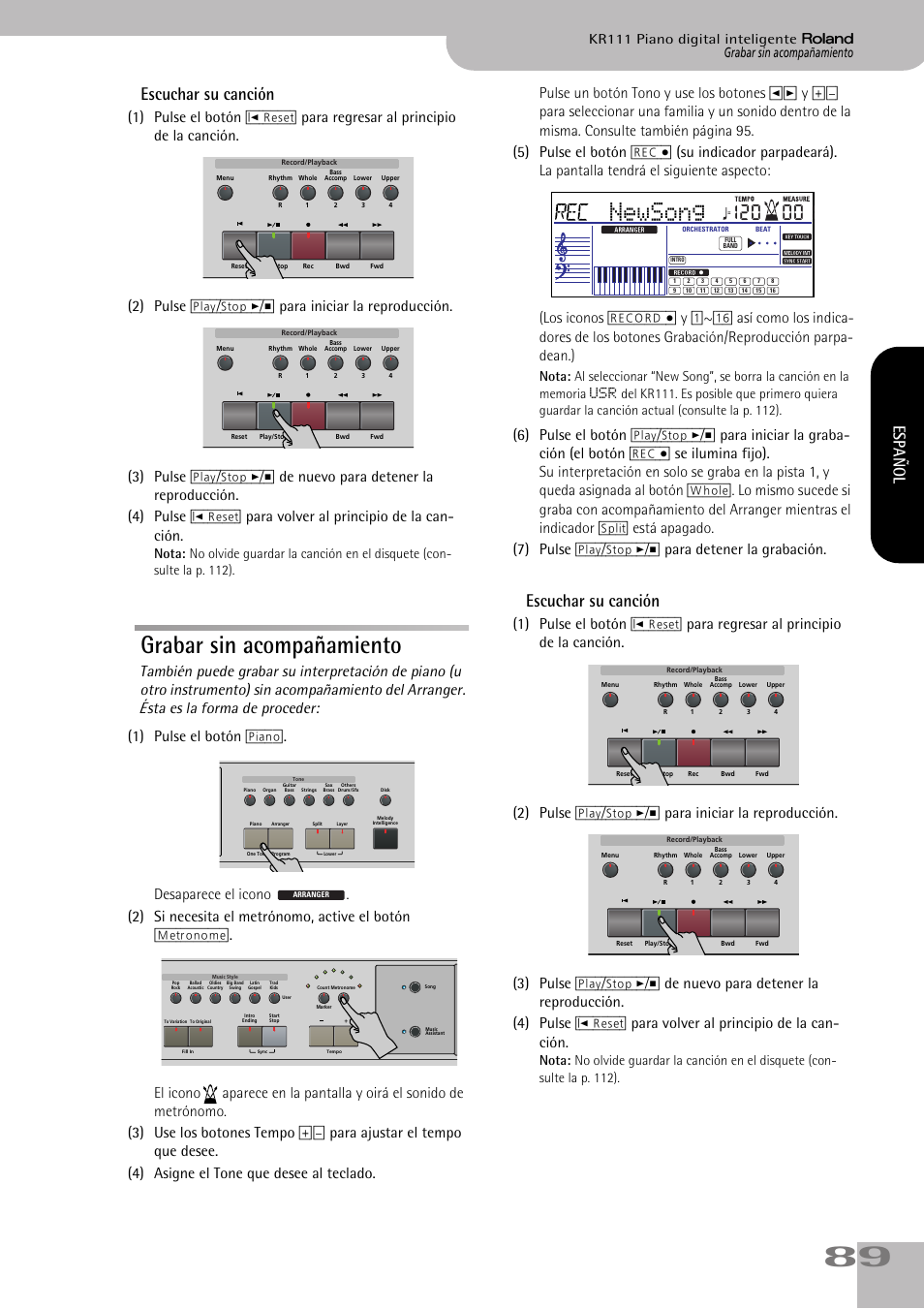 Grabar sin acompañamiento, Newsong, Escuchar su canción | Español | Roland KR111 User Manual | Page 91 / 186