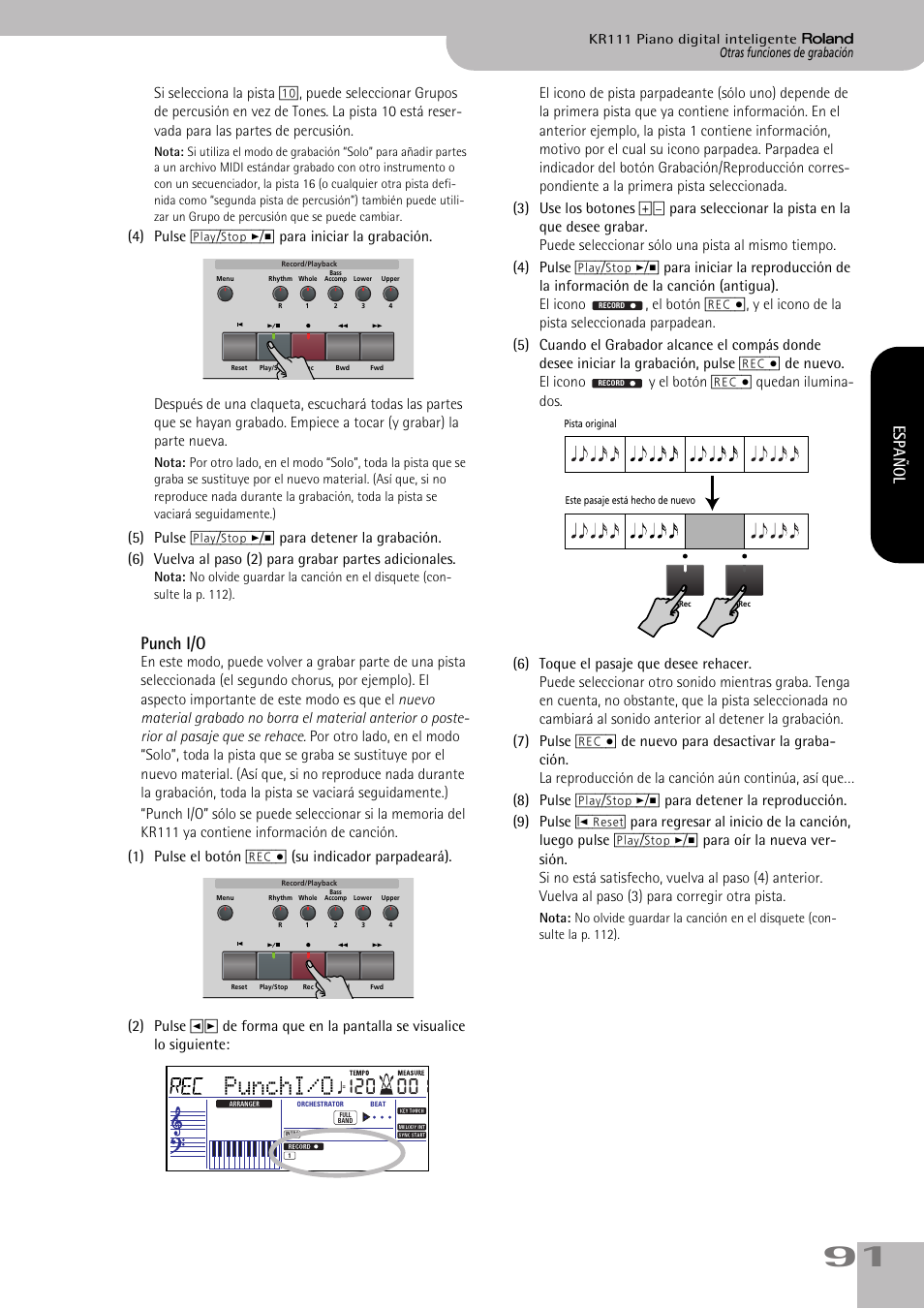 Punchi/o, Punch i/o, Español | Roland KR111 User Manual | Page 93 / 186