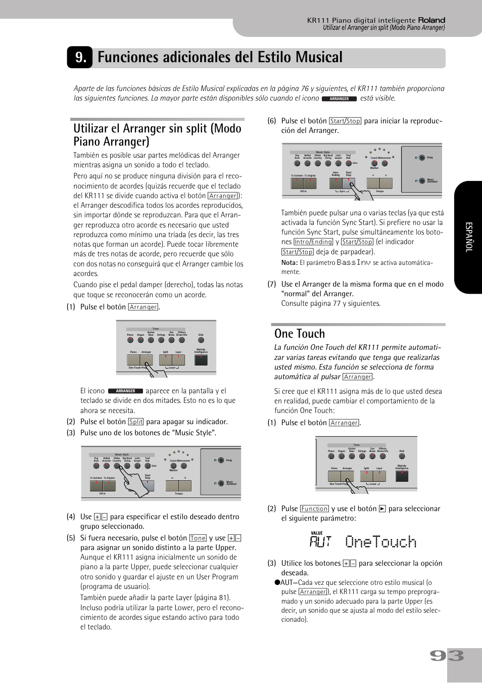 Funciones adicionales del estilo musical, Onetouch, One touch | Español | Roland KR111 User Manual | Page 95 / 186