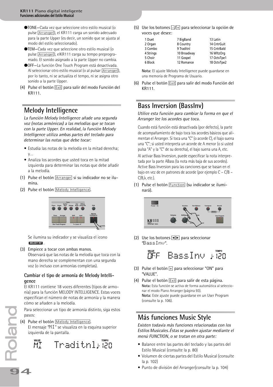 Traditnl, Bassinv, Melody intelligence | Bass inversion (bassinv), Más funciones music style | Roland KR111 User Manual | Page 96 / 186