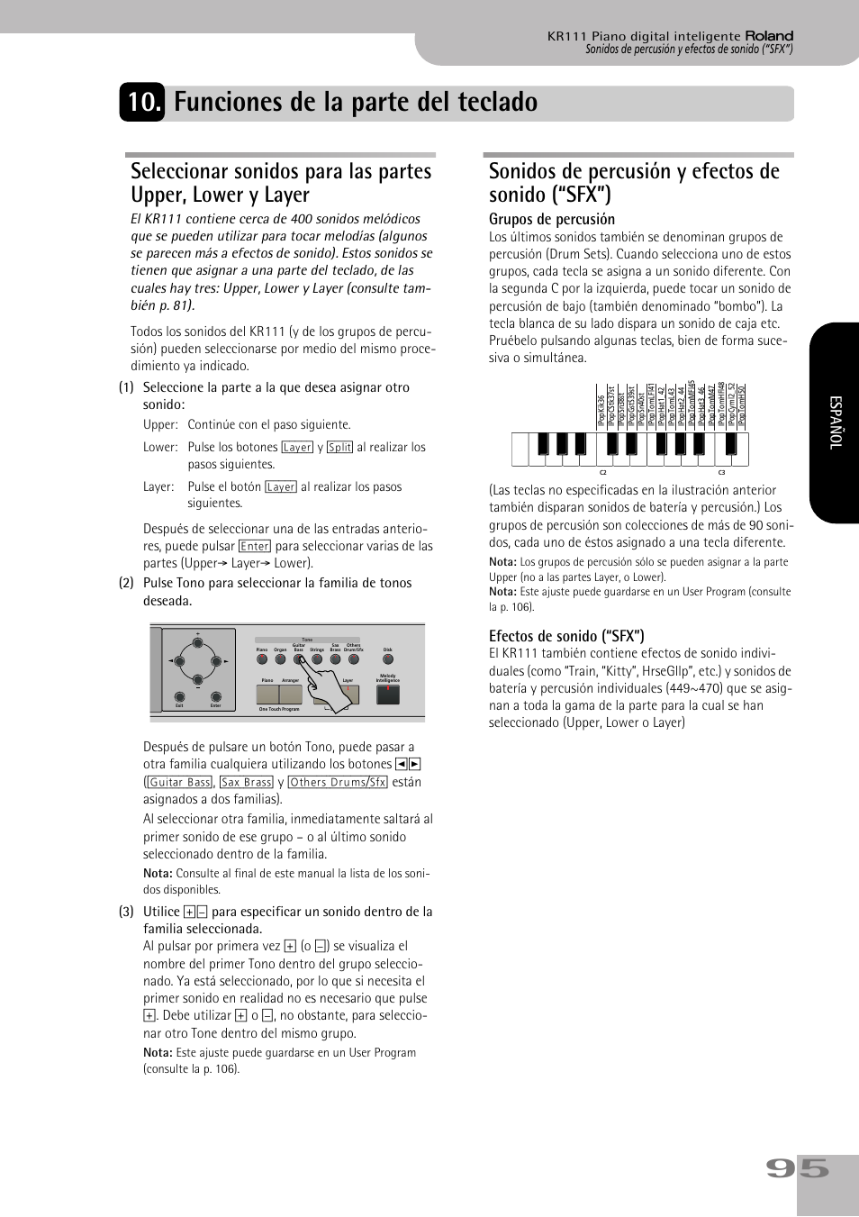 Funciones de la parte del teclado, Sonidos de percusión y efectos de sonido (“sfx”), Grupos de percusión | Efectos de sonido (“sfx”), Español | Roland KR111 User Manual | Page 97 / 186