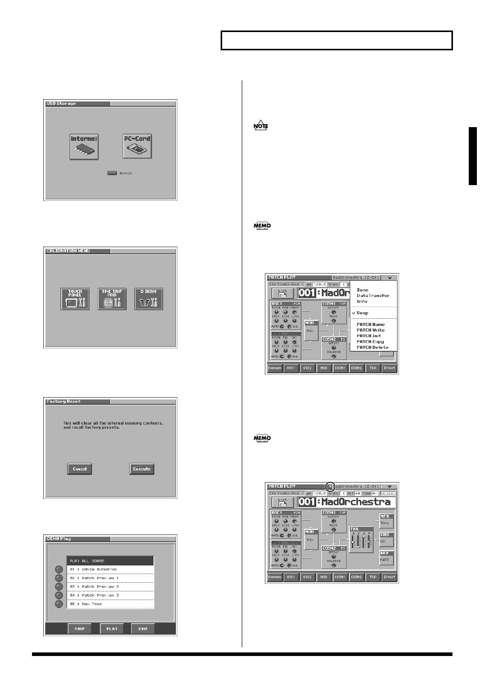 Basic touch screen operation, 19 overview of the v-synth, Usb mode | Calibration mode, Factory reset mode, Demo play mode, Enabling/disabling the beep tone | Roland V-Synth User Manual | Page 19 / 180