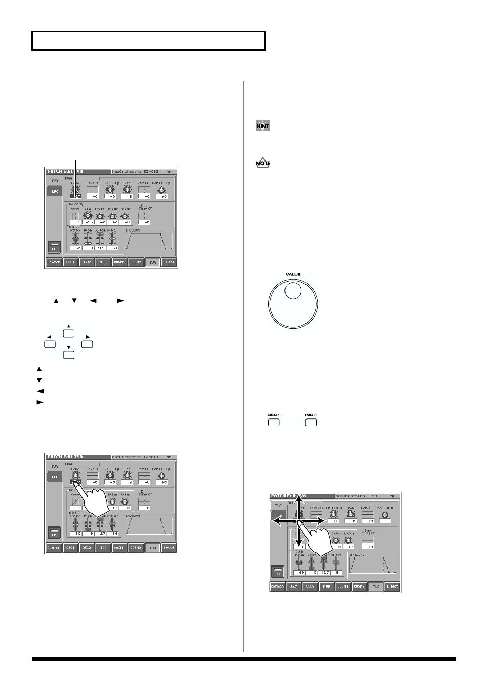 Moving the cursor, Editing a value, Moving the cursor editing a value | P. 20), 20 overview of the v-synth, Cursor buttons, Touch screen, Value dial, Inc/+] and [dec | Roland V-Synth User Manual | Page 20 / 180