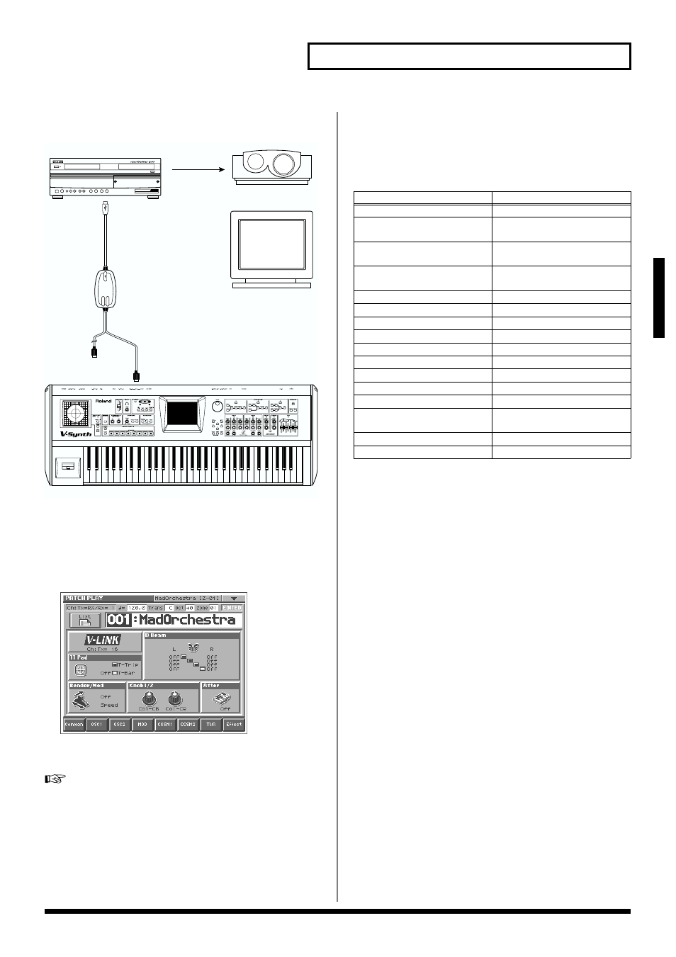 Enter v-link mode, 31 playing in patch mode, Example connections | Roland V-Synth User Manual | Page 31 / 180