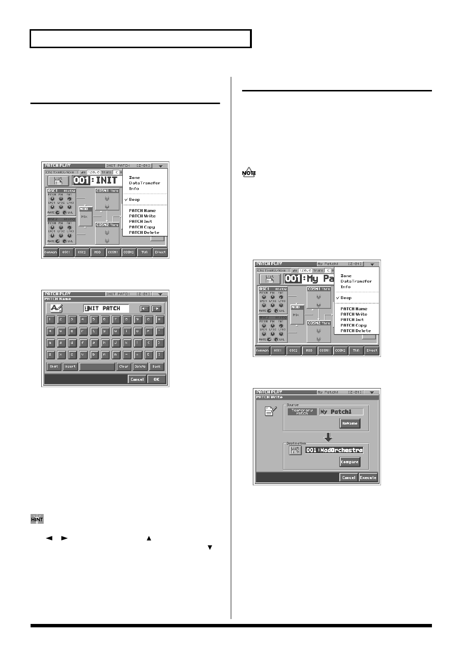 Naming a patch (patch name), Saving patches (patch write), 34 creating a patch | Roland V-Synth User Manual | Page 34 / 180