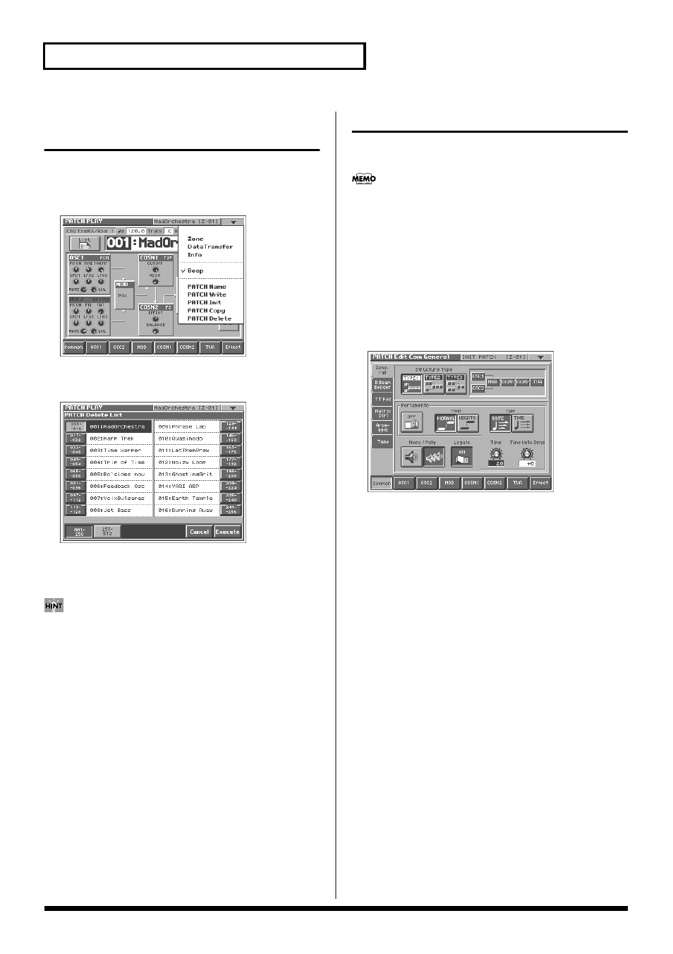 Deleting patches (patch delete), Functions of patch parameters, Settings common to the entire patch (common) | 36 creating a patch, General | Roland V-Synth User Manual | Page 36 / 180