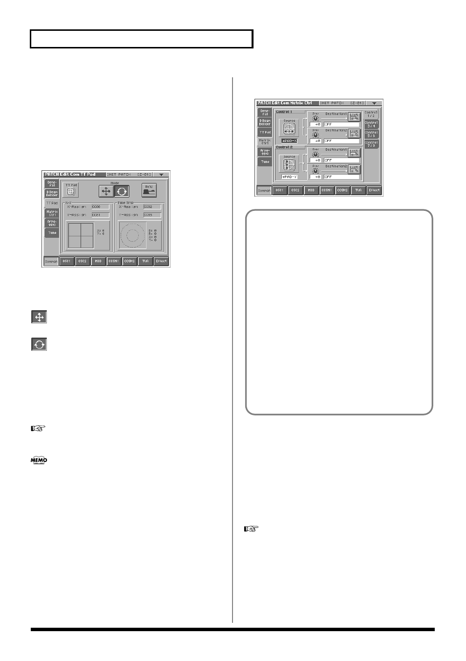 Matrix ctrl, P. 38), 38 creating a patch | Tt pad | Roland V-Synth User Manual | Page 38 / 180