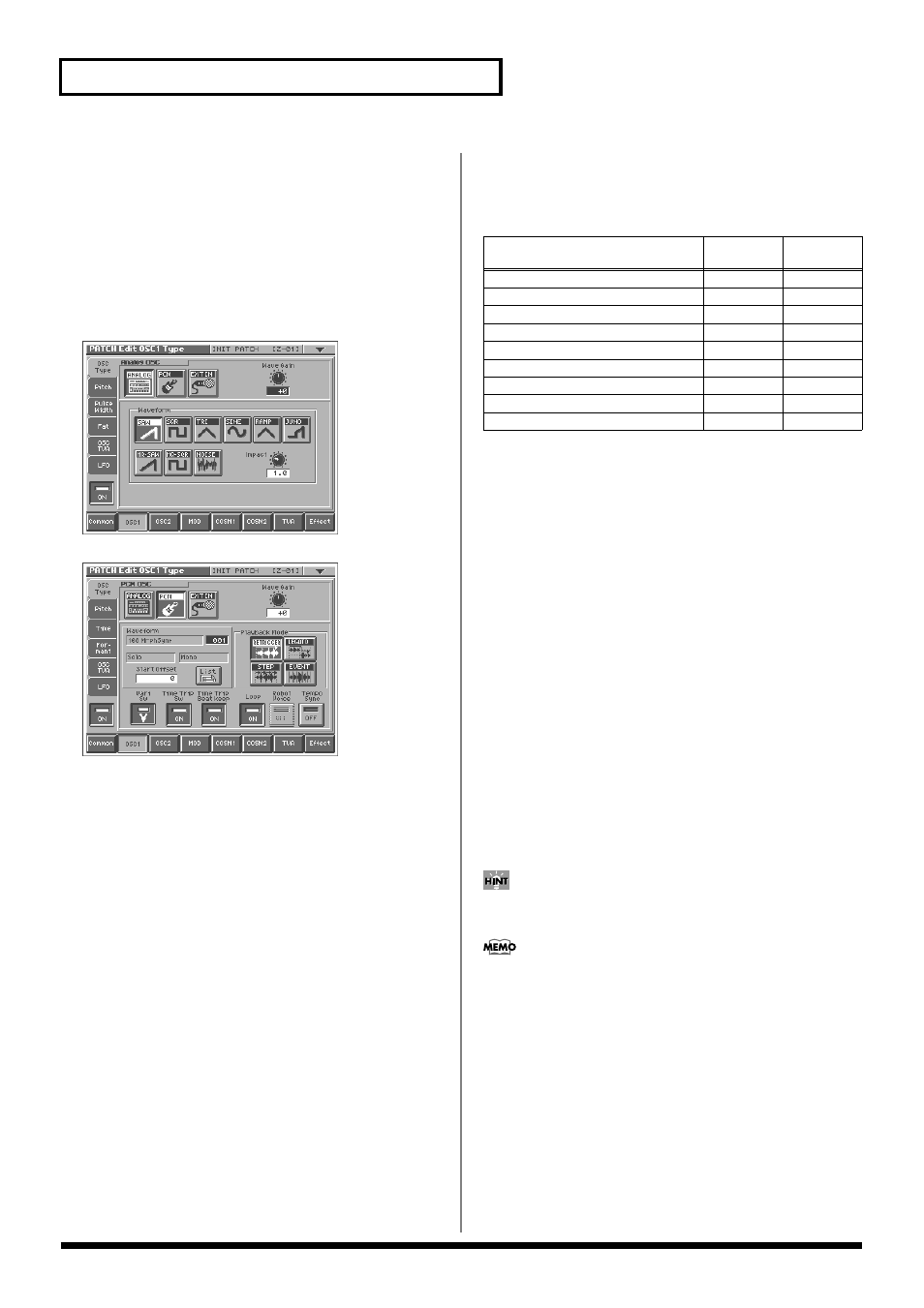 Modifying waveforms (osc1/ osc2), Modifying waveforms (osc1/osc2), 42 creating a patch | Osc type | Roland V-Synth User Manual | Page 42 / 180