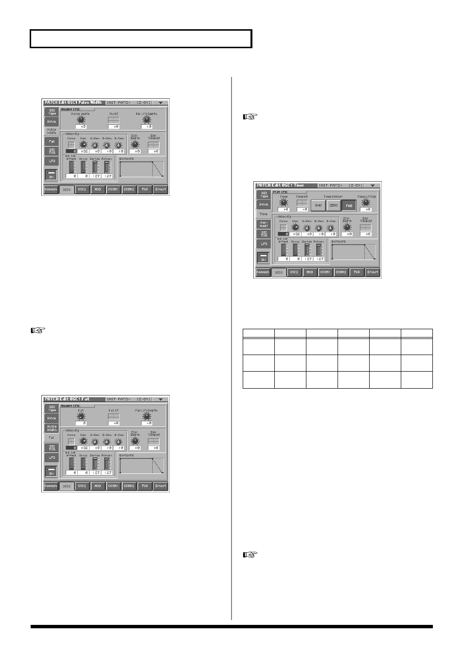 Time/pulse width (p. 44), Time/pulse width lfo depth (p. 44, p. 44), Formant/fat lfo depth (p. 44, p. 45) | 44 creating a patch pulse width (analog), Fat (analog), Time (pcm) | Roland V-Synth User Manual | Page 44 / 180