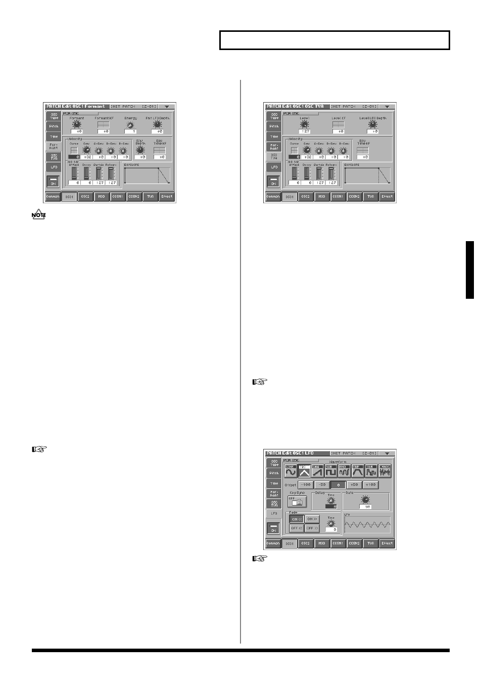 Formant/fat (p. 44, p. 45), Level (p. 45), Oscillator level lfo depth (p. 45) | 45 creating a patch, Formant (pcm), Osc tva | Roland V-Synth User Manual | Page 45 / 180