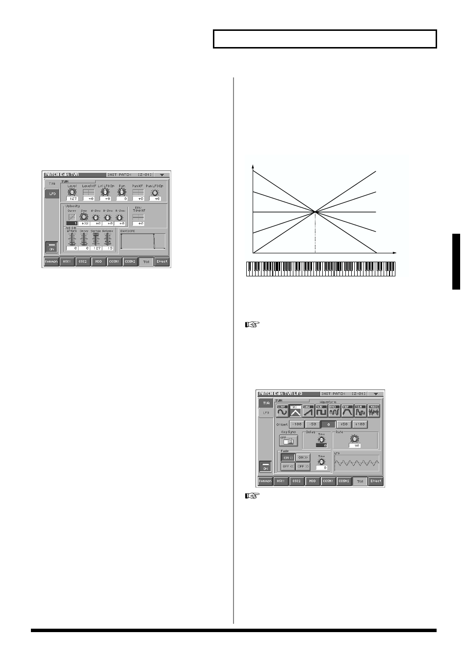 Adjusting the volume and pan (tva), Level (p. 47), Level lfo depth (p. 47) | Pan lfo depth (p. 47), 47 creating a patch, Creating a patch, Tva switch, Level, Level kf (level key follow), Lvl lfo dp (level lfo depth) | Roland V-Synth User Manual | Page 47 / 180