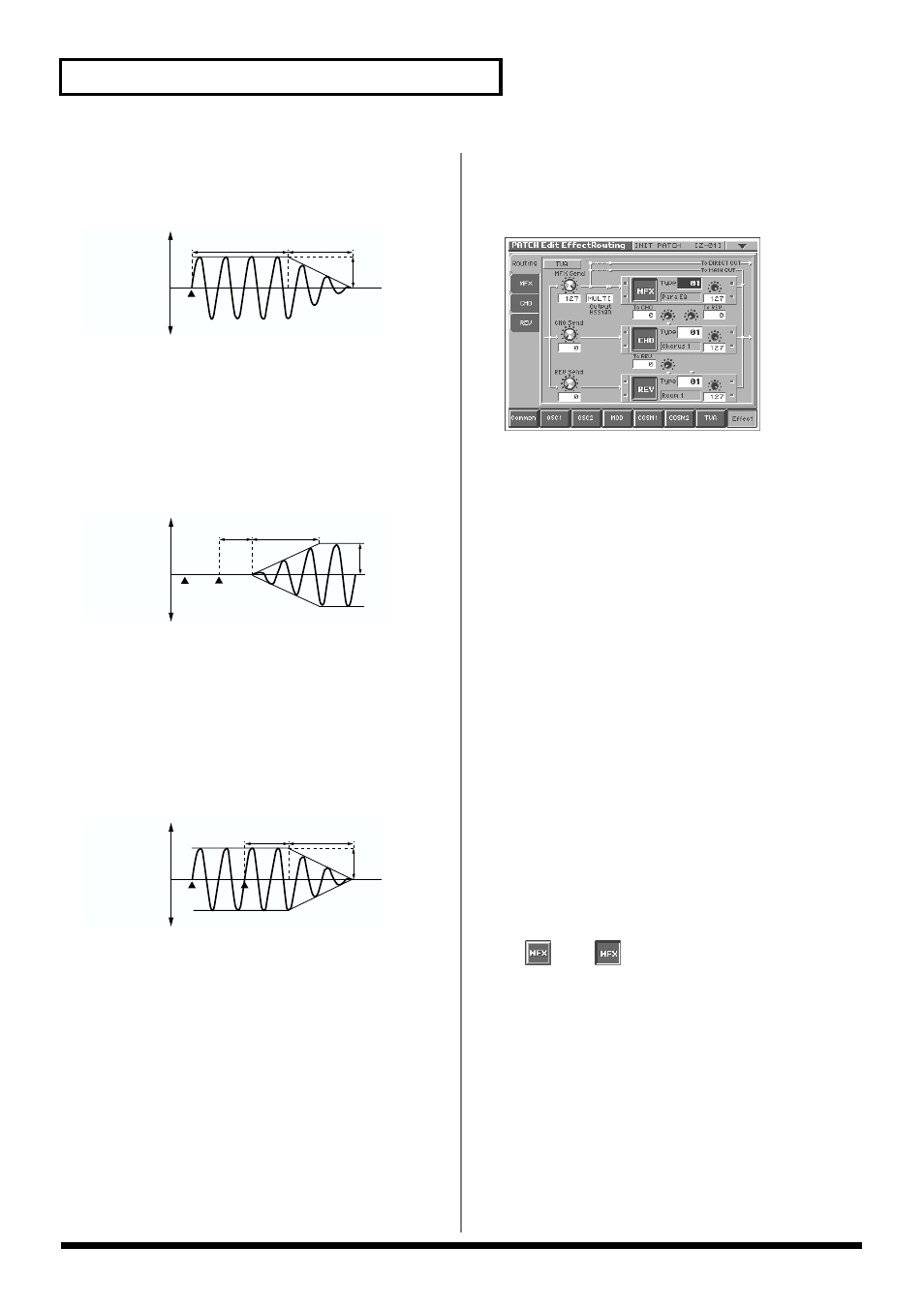 Setting effects for a patch (effect), Mfx send level (p. 50), Chorus send level (p. 50) | Reverb send level (p. 50), 50 creating a patch, Routing, Apply the lfo gradually after the key is released, Mfx send (mfx send level), Cho send (chorus send level), Rev send (reverb send level) | Roland V-Synth User Manual | Page 50 / 180