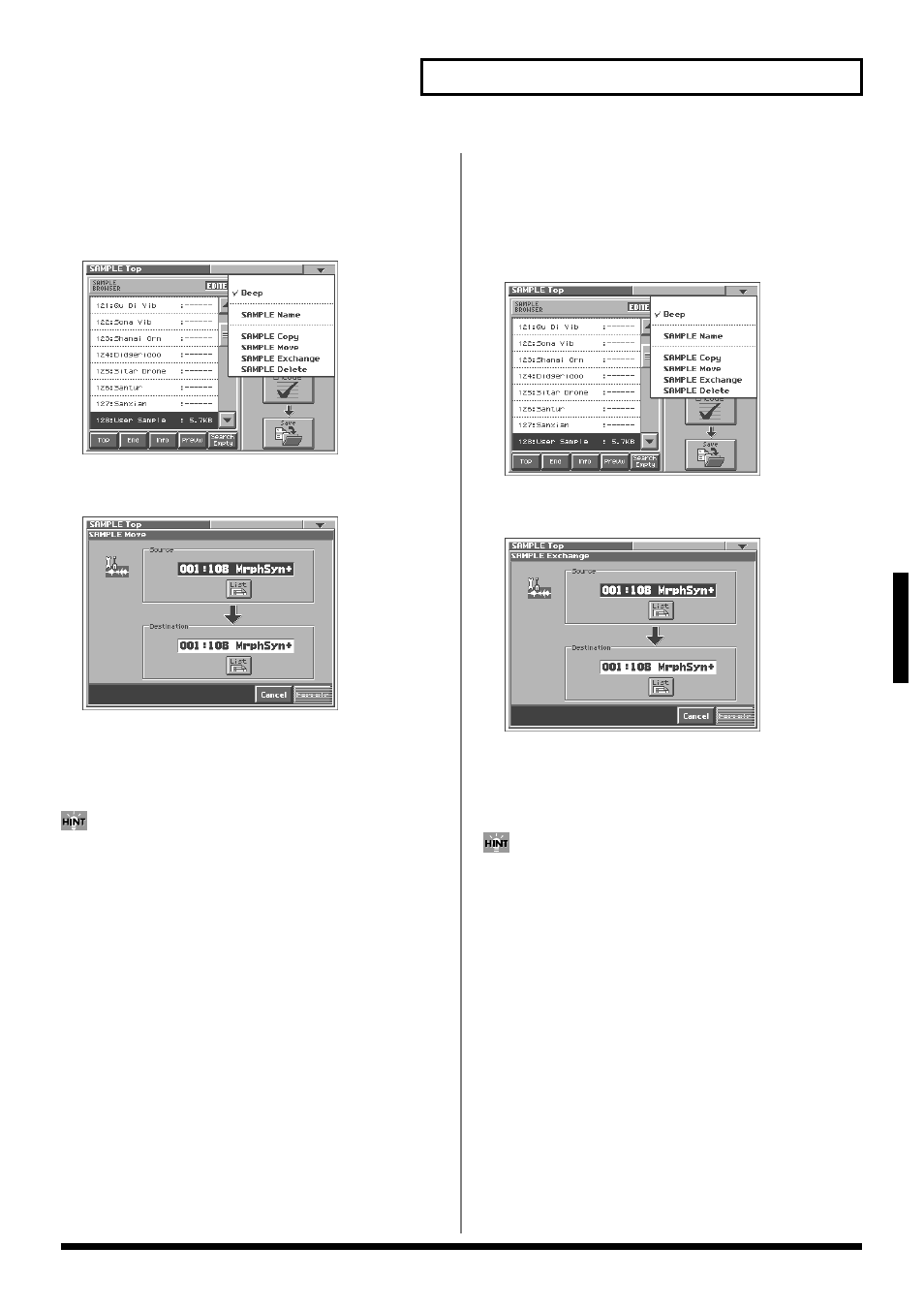 59 creating and editing samples (sample mode), Moving a sample (sample move), Exchanging a sample (sample exchange) | Creating and editing samples (sample mode) | Roland V-Synth User Manual | Page 59 / 180