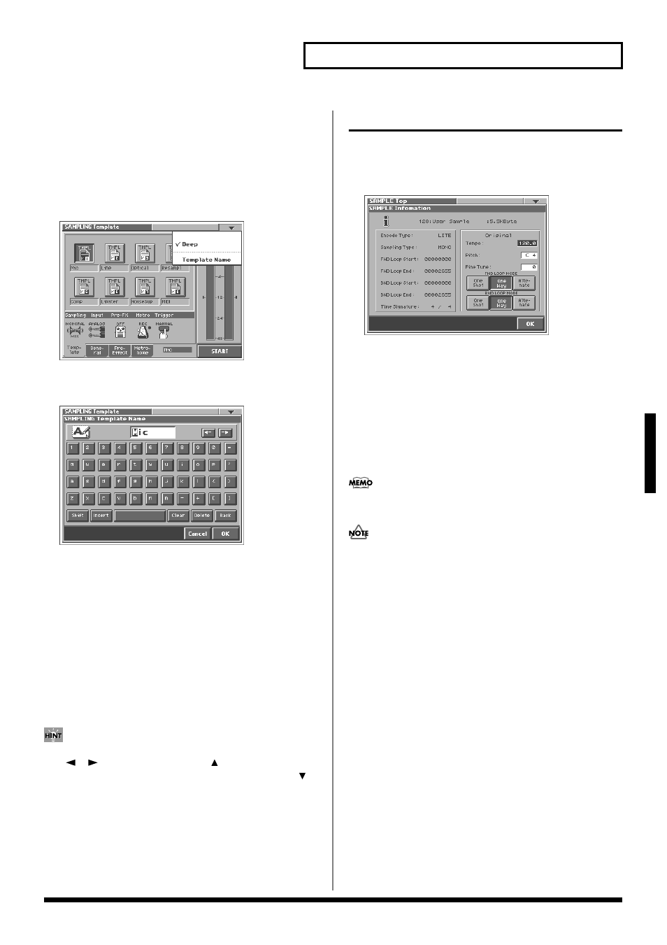 Checking sample information, 63 creating and editing samples (sample mode), Naming a template (template name) | Creating and editing samples (sample mode), Original pitch, Original fine tune, Loop mode | Roland V-Synth User Manual | Page 63 / 180