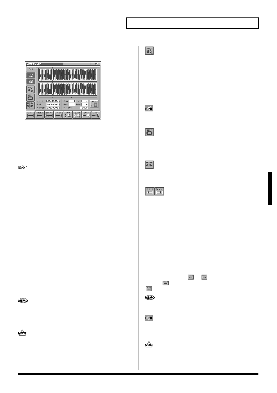 65 creating and editing samples (sample mode), Functions common to all editing screens, Creating and editing samples (sample mode) | Start,” “end,” and “current” settings, Length lock), Loop), Preview), Adjust) | Roland V-Synth User Manual | Page 65 / 180