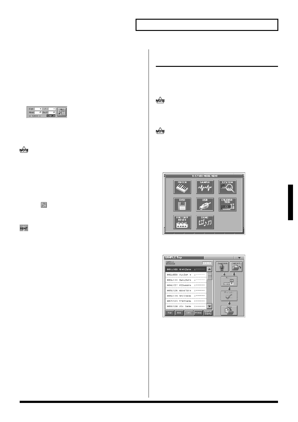 Original tempo setting, Converting the sample to v- synth data (encode), Converting the sample to v-synth data (encode) | Encoding) (p. 69), Time signature (p. 69), Original tempo (p. 69), The sample editing screen (p. 69), Must encode the data once again (p. 69), 69 creating and editing samples (sample mode), Displaying the encode screen | Roland V-Synth User Manual | Page 69 / 180