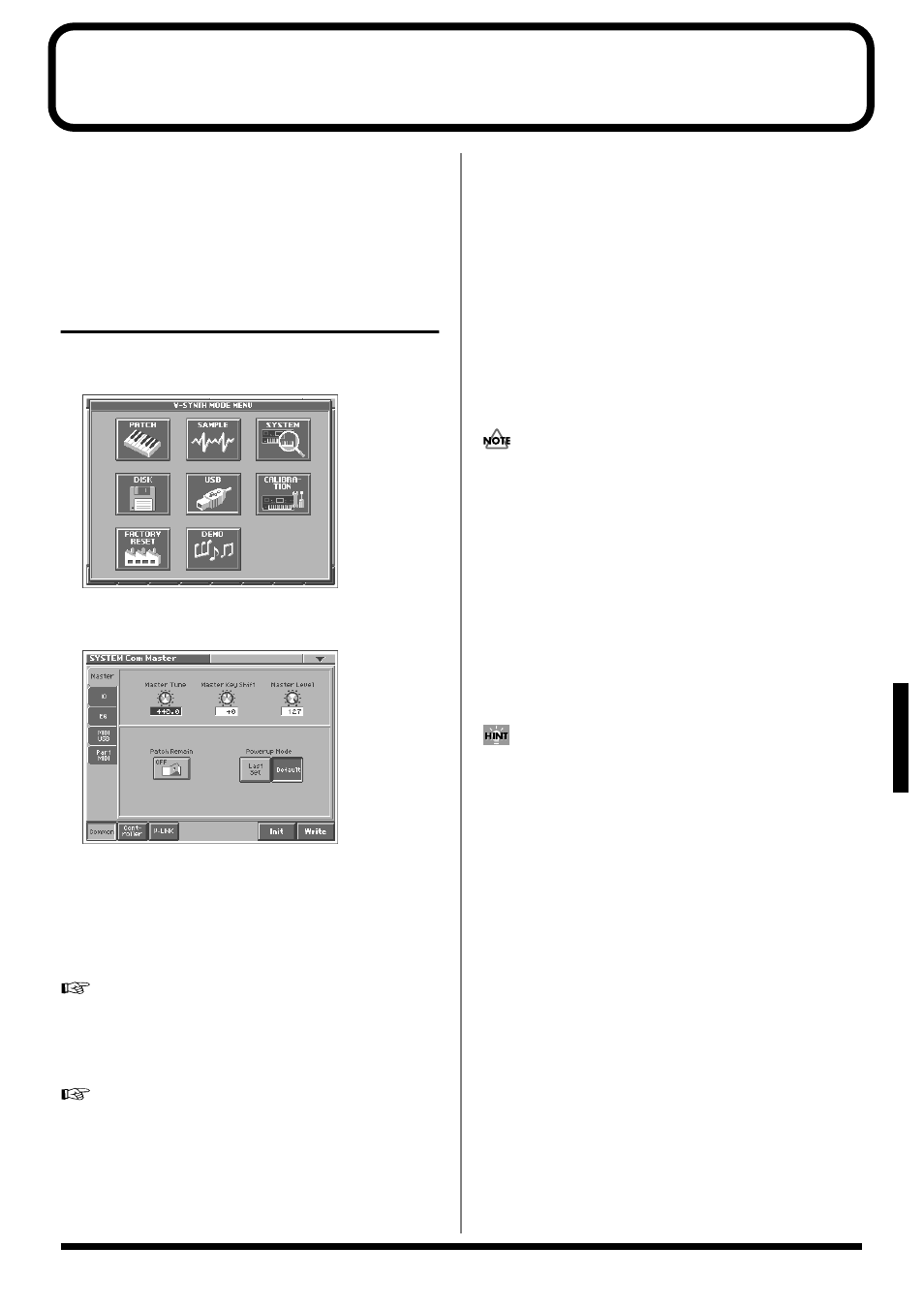 Settings common to all modes (system mode), How to make the system function settings, Saving the system settings (write) | Initializing the system settings (init) | Roland V-Synth User Manual | Page 73 / 180