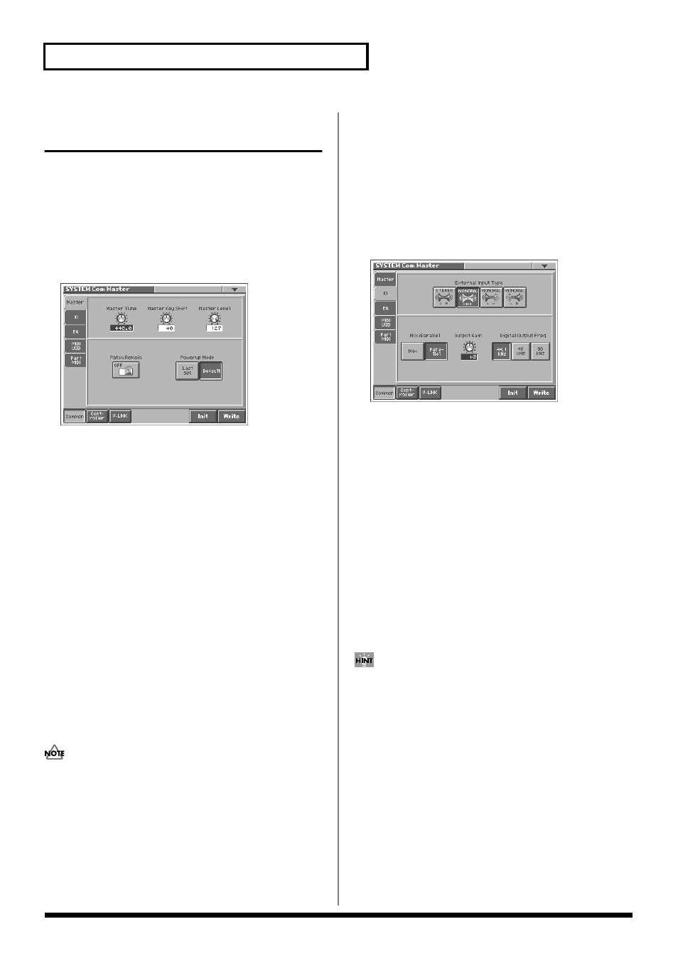 Functions of system parameters, Settings common to the entire system (common), 74 settings common to all modes (system mode) | Master | Roland V-Synth User Manual | Page 74 / 180