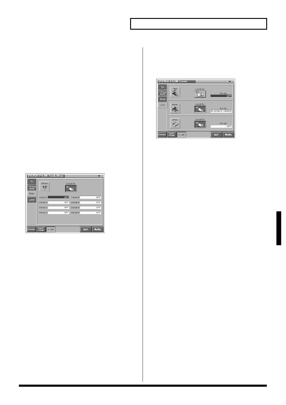 Settings common to all modes (system mode), Beam, Lever | Beam local sw (v-link d beam local switch), Mod local sw (v-link modulation local switch), Mod assign (v-link modulation assign), Bend local sw (v-link pitch bend local switch) | Roland V-Synth User Manual | Page 81 / 180