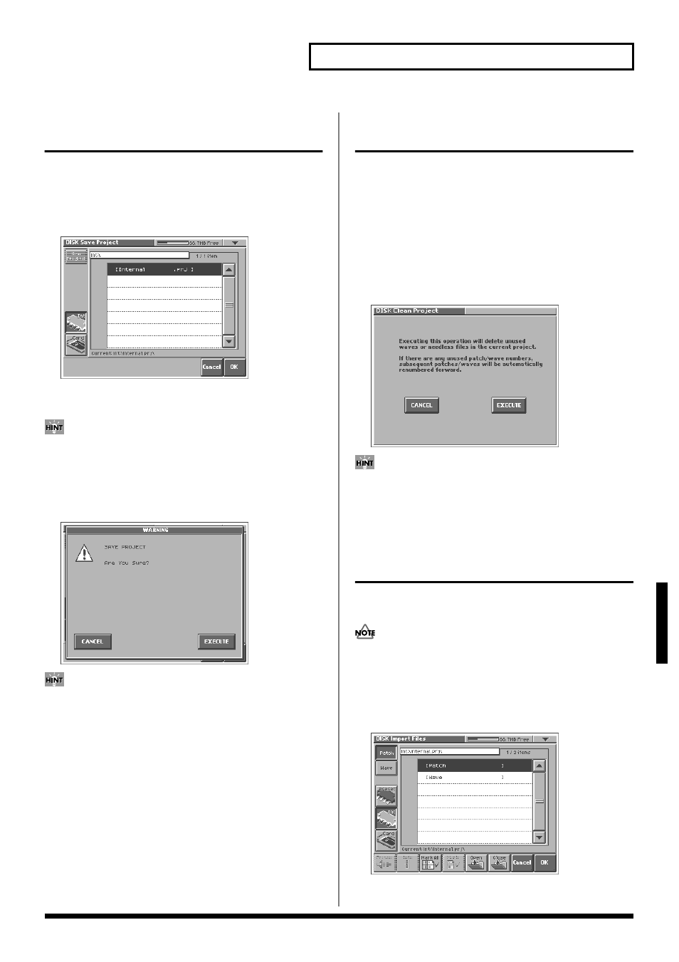 Saving project on disk (save project), Delete unneeded files (clean project), For details on loading samples, refer to (p. 85) | For details on operations in this screen, refer to, Importing, Individual patch or wave files (import files), P. 85), You can also edit samples that you loaded (p. 85), Saving project, On disk (save project) | Roland V-Synth User Manual | Page 85 / 180