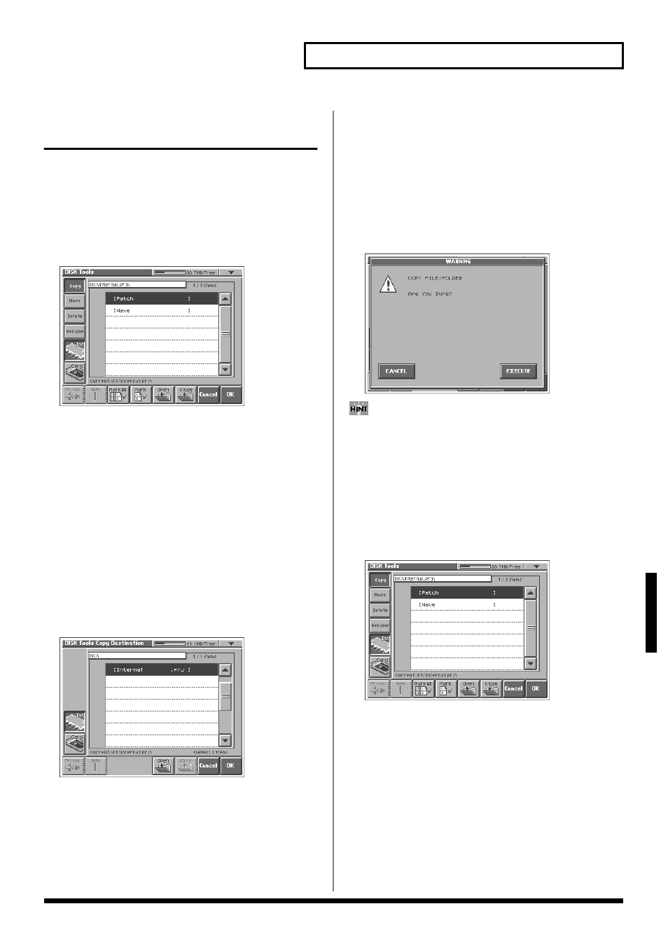 Functions related to files and folders (tools), Copying files/folders (copy), Moving files/folders (move) | P. 87), 87 disk-related functions (disk mode) | Roland V-Synth User Manual | Page 87 / 180