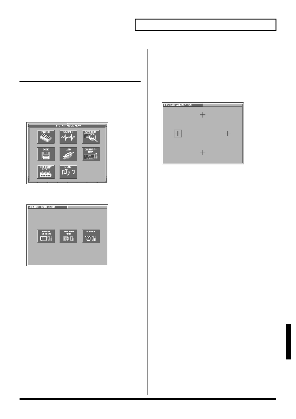 Adjusting the sensitivity of the touch screen, 99 other functions, Displaying the calibration menu screen | Roland V-Synth User Manual | Page 99 / 180